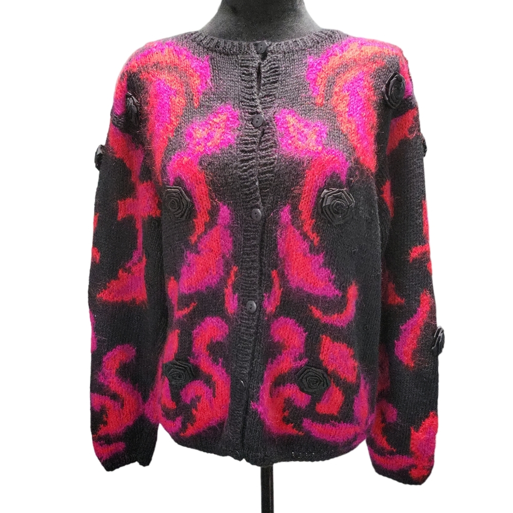Jennifer Reed Knitted By Hand Black Red And Purple Cardigan With Roses Women's M
